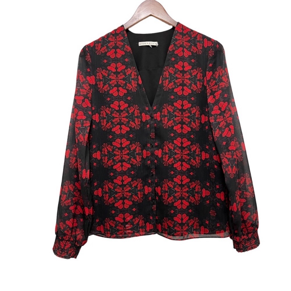 Alice + Olivia Black Sheer Blouse with Red Floral Print